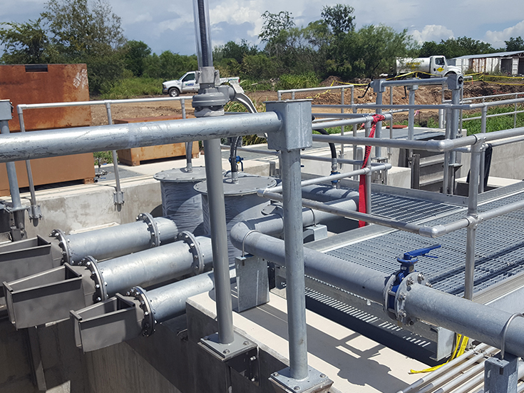 Airlift pumps help discharge of chemical floc, raw sewage, grit, primary sludge, RAS &amp; mixed liquor.